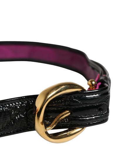 Black Leather Gold Round Buckle Waist Belt