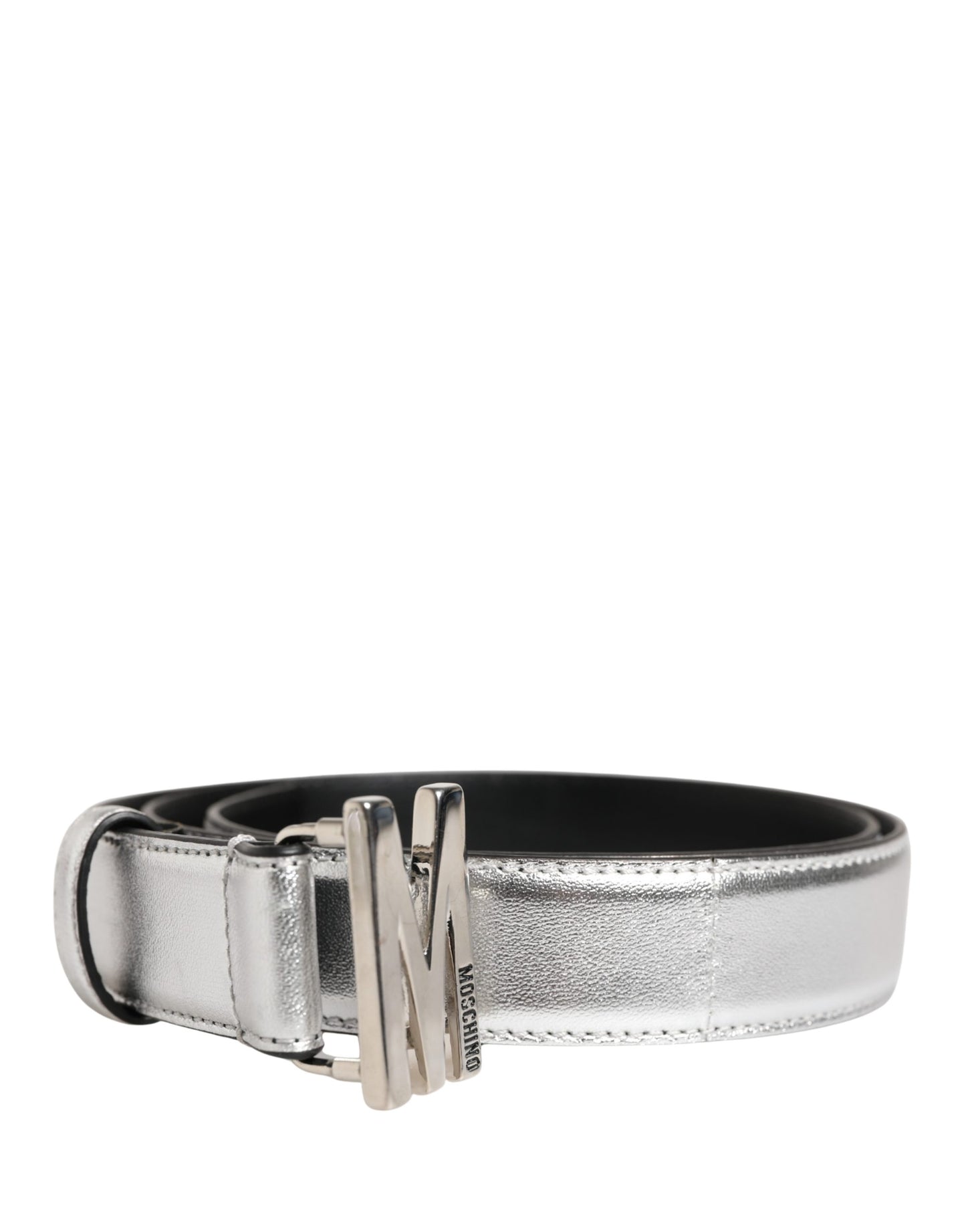 Silver Leather Logo Metal Buckle Waist Belt