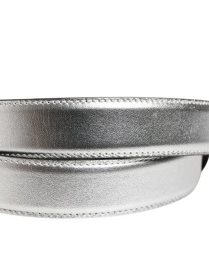 Silver Leather Logo Metal Buckle Waist Belt
