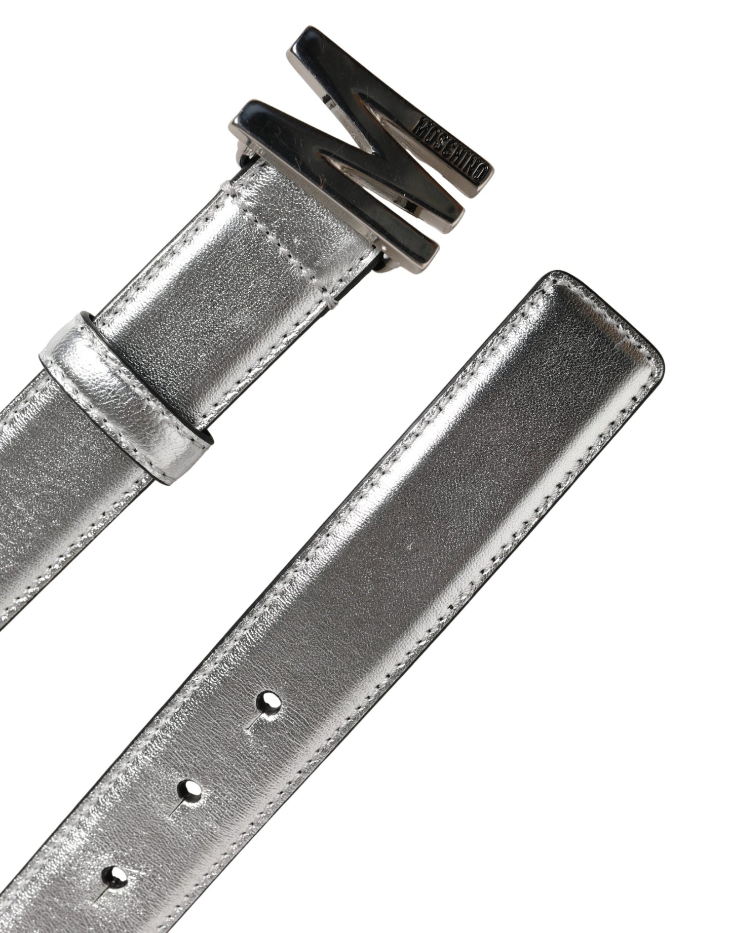 Silver Leather Logo Metal Buckle Waist Belt