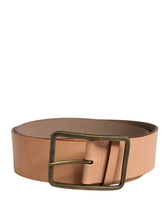 Beige Genuine Leather Wide Waist Metal Buckle Belt
