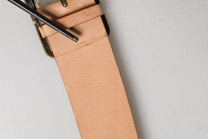 Beige Genuine Leather Wide Waist Metal Buckle Belt