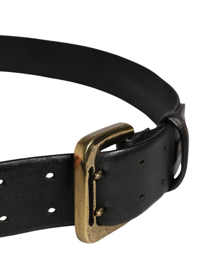 Black Leather Gold Metal Buckle Waist Women Belt