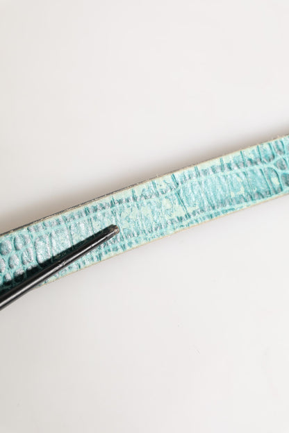 Women Green Leather Croco Print Studded Belt