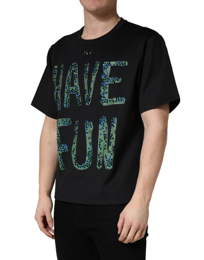 Black Have Fun Embellished Crew Neck T-shirt