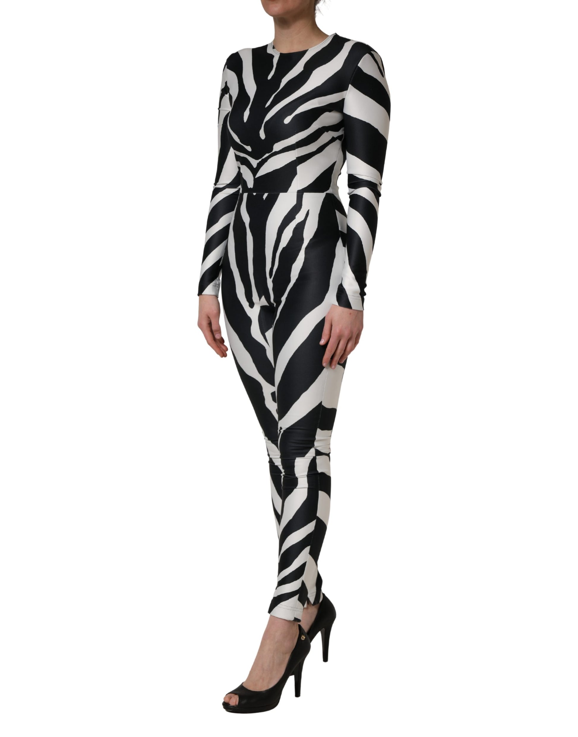 Black White Polyester Zebra Pattern Jumpsuit