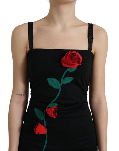 Black Wool Sleeveless Rose Applique Dress
