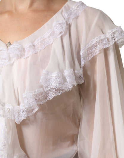White LongSleeve Lace Trim Ruffled Blouse Top