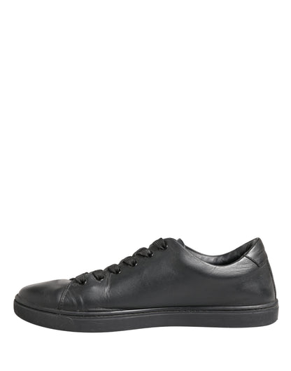 Black Leather Low Top Lace Up Sneakers Shoes