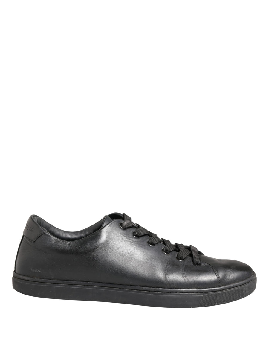 Black Leather Low Top Lace Up Sneakers Shoes