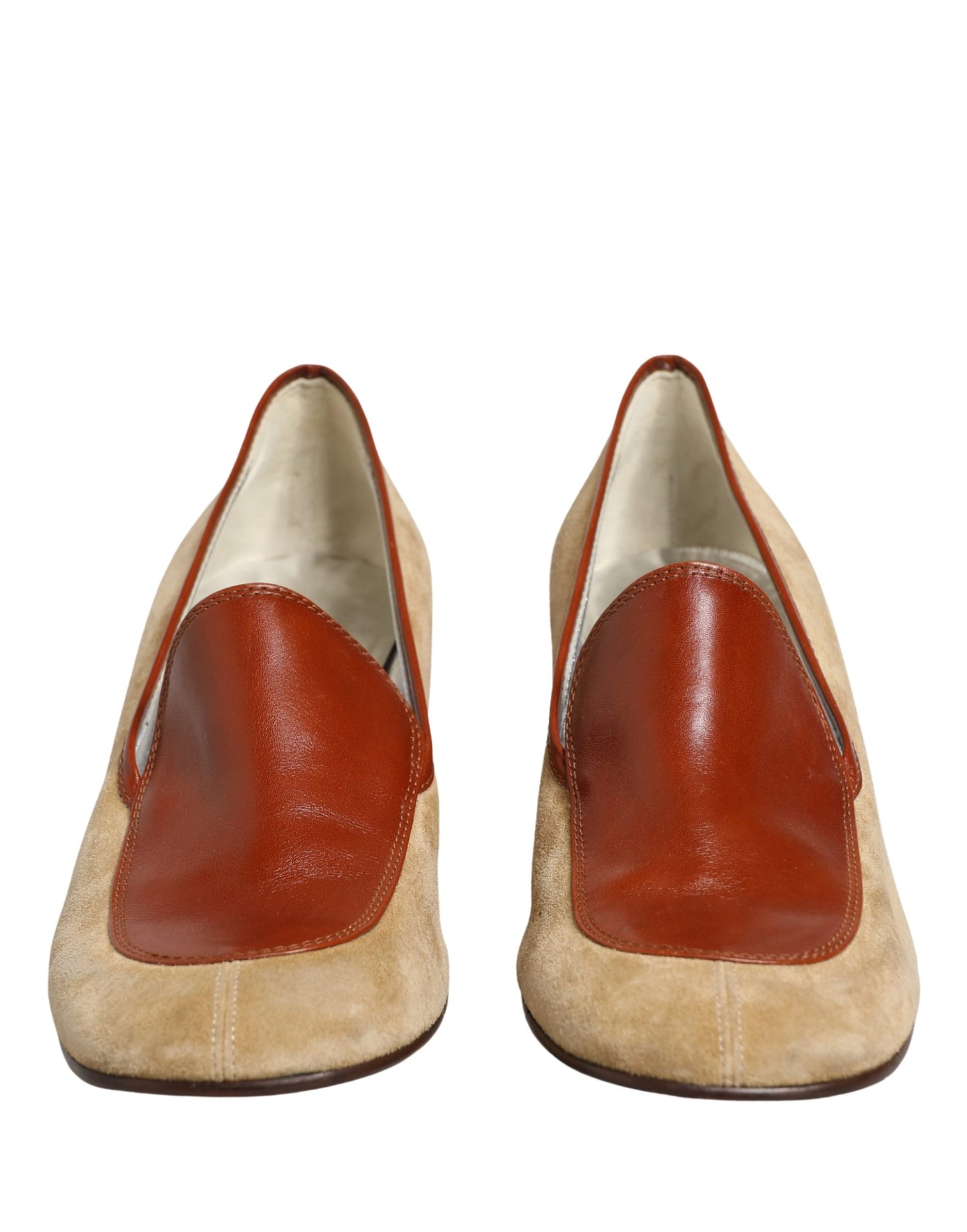 Beige Leather Suede Block Heel Loafers Shoes