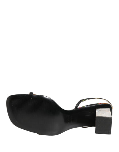 Black Silver Floral Block Heels Sandals Shoes