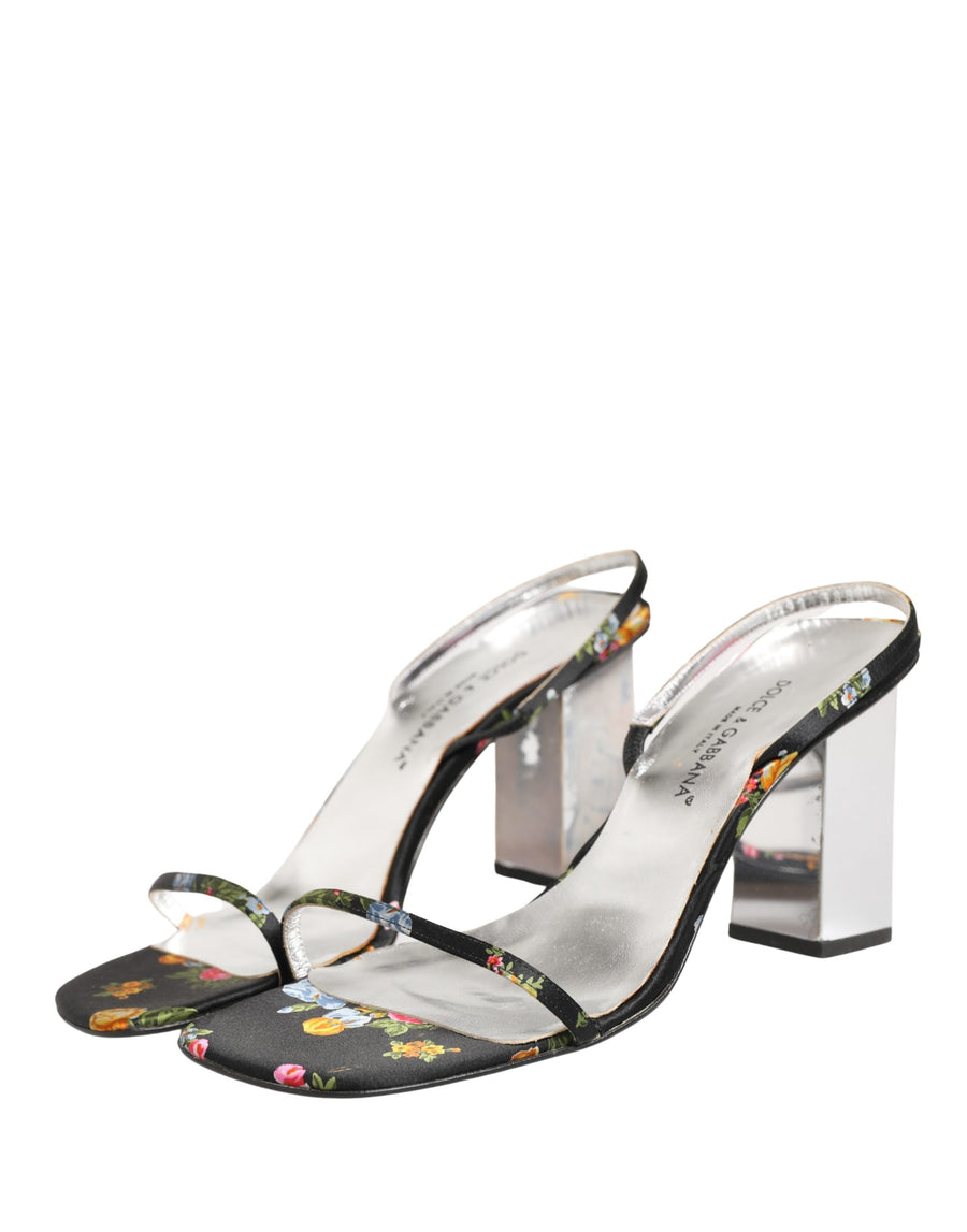Black Silver Floral Block Heels Sandals Shoes