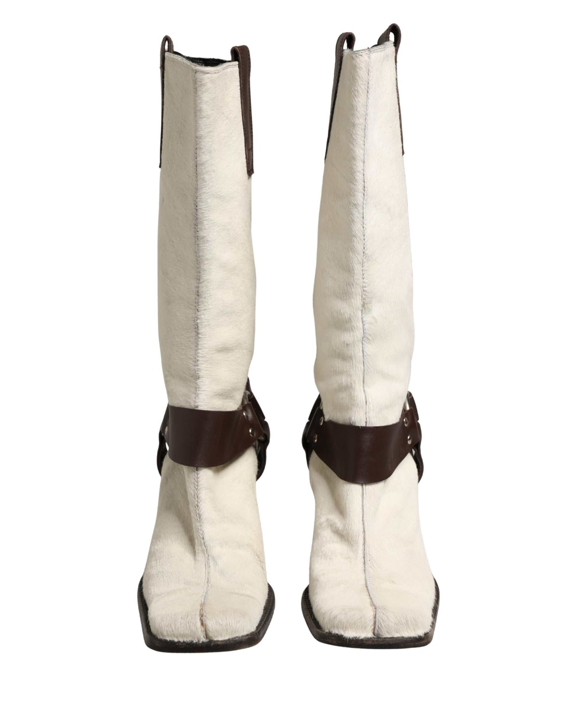 White Brown Fur Leather Mid Calf Boots Shoes