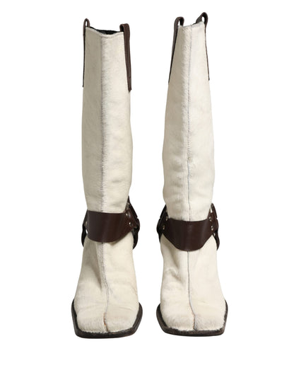 White Brown Fur Leather Mid Calf Boots Shoes