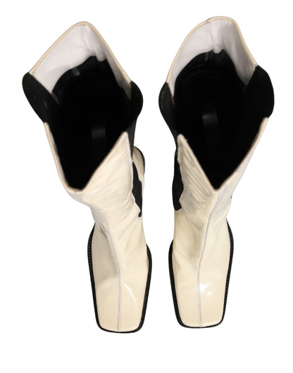 White Black Leather Knee High Boots Shoes