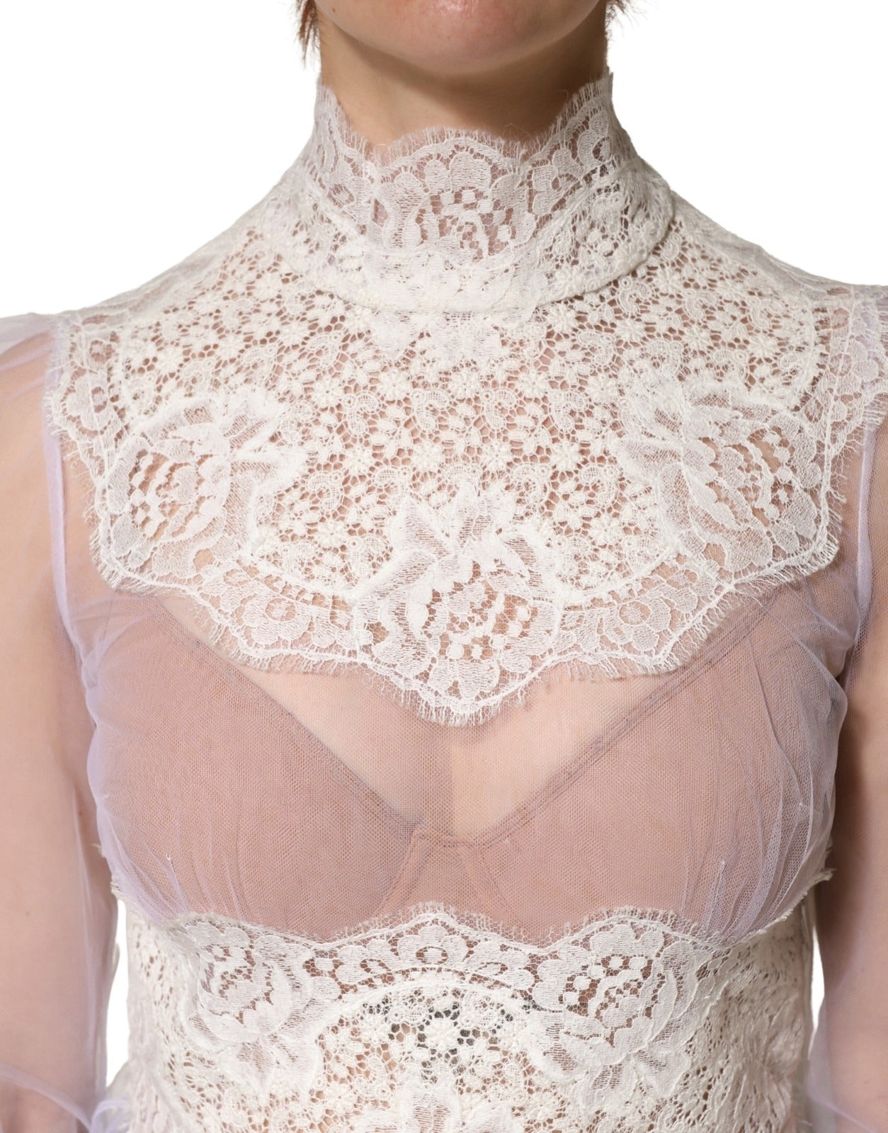 White Nylon Lace Tulle Sheer Long Sleeve Top