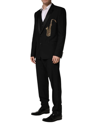 Black Wool Silk Saxophone Slim Fit 3Pc Suit