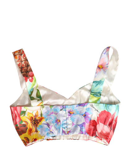 Multicolor Floral Print Silk Cropped Bustier Top