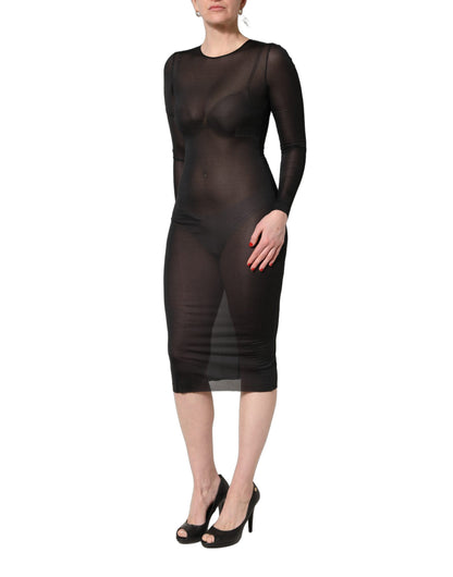 Black Sheer Long Sleeves Sheath Midi Dress