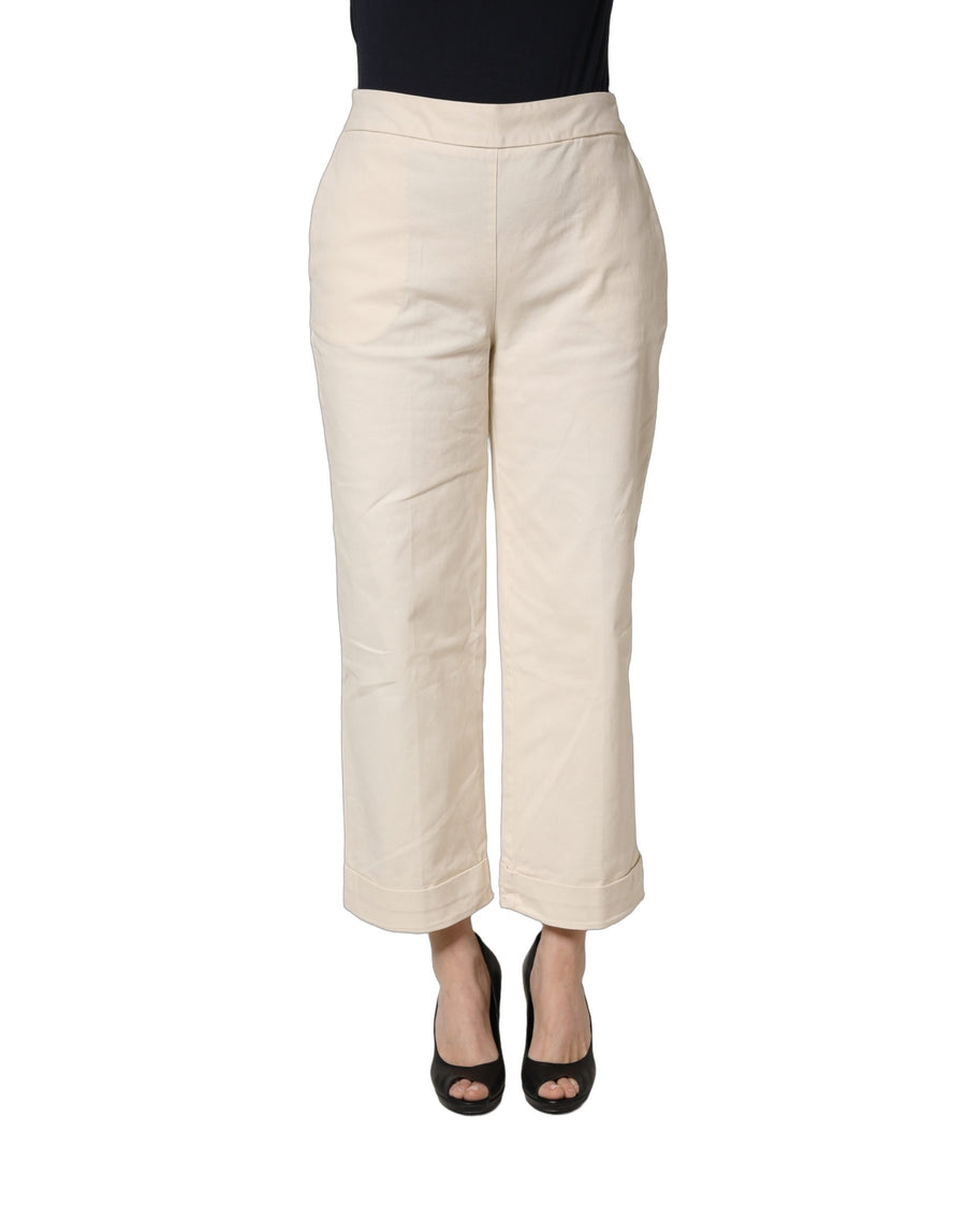 Beige High Waist Straight Capri Cropped Trouser Pants