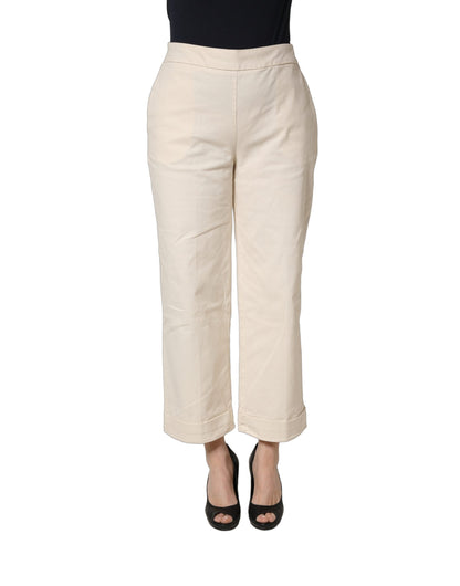 Beige High Waist Straight Capri Cropped Trouser Pants