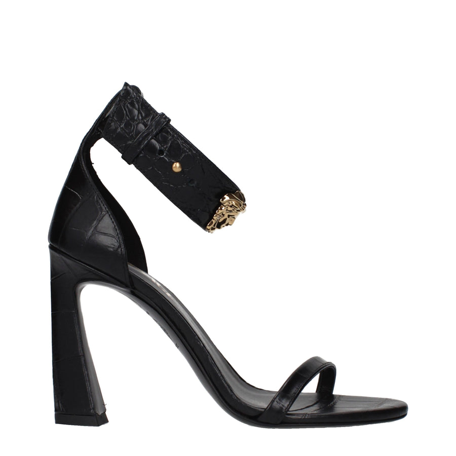 Black Leather Stiletto Heel Sandals