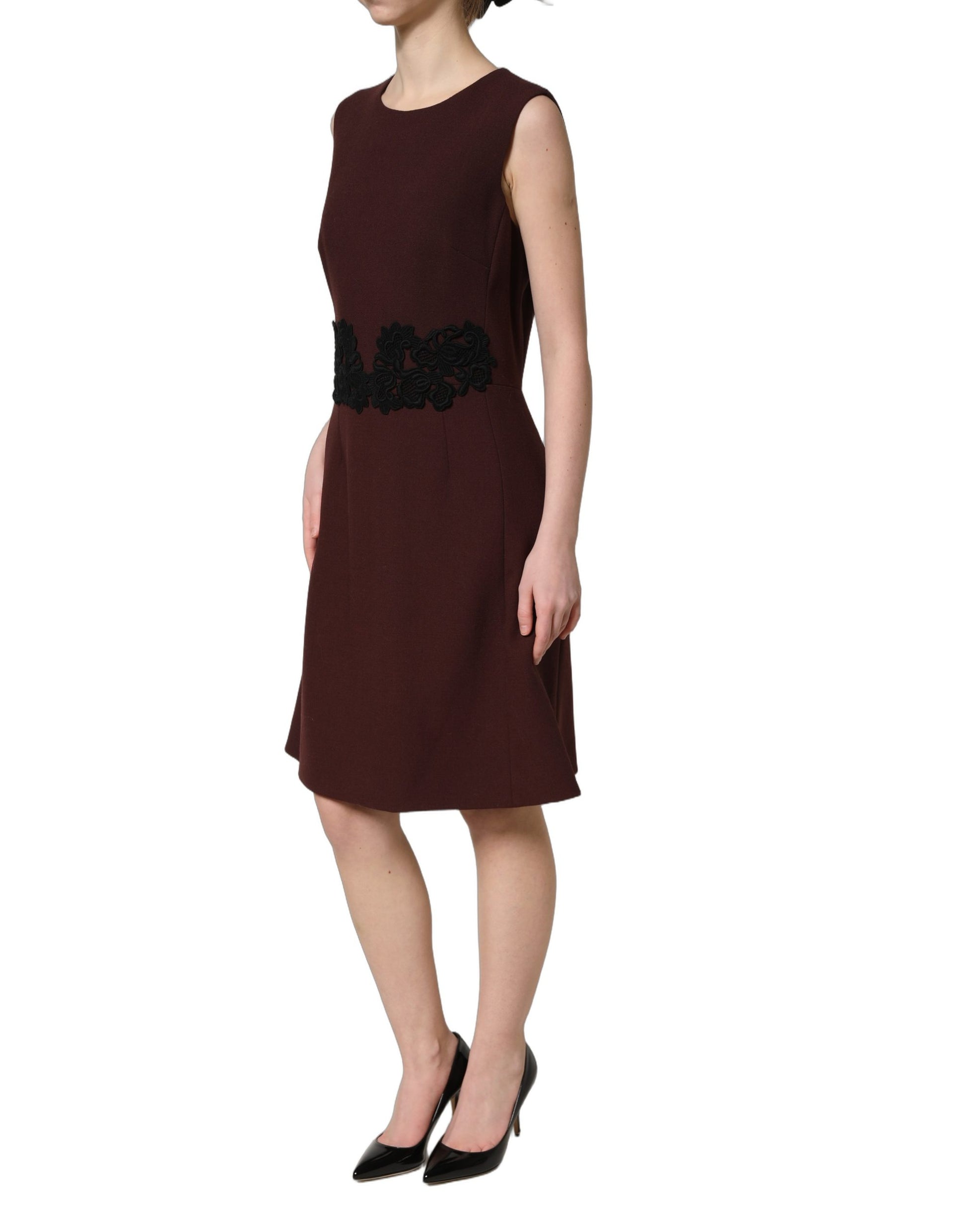 Maroon Lace Sleeveless Knee Length Dress