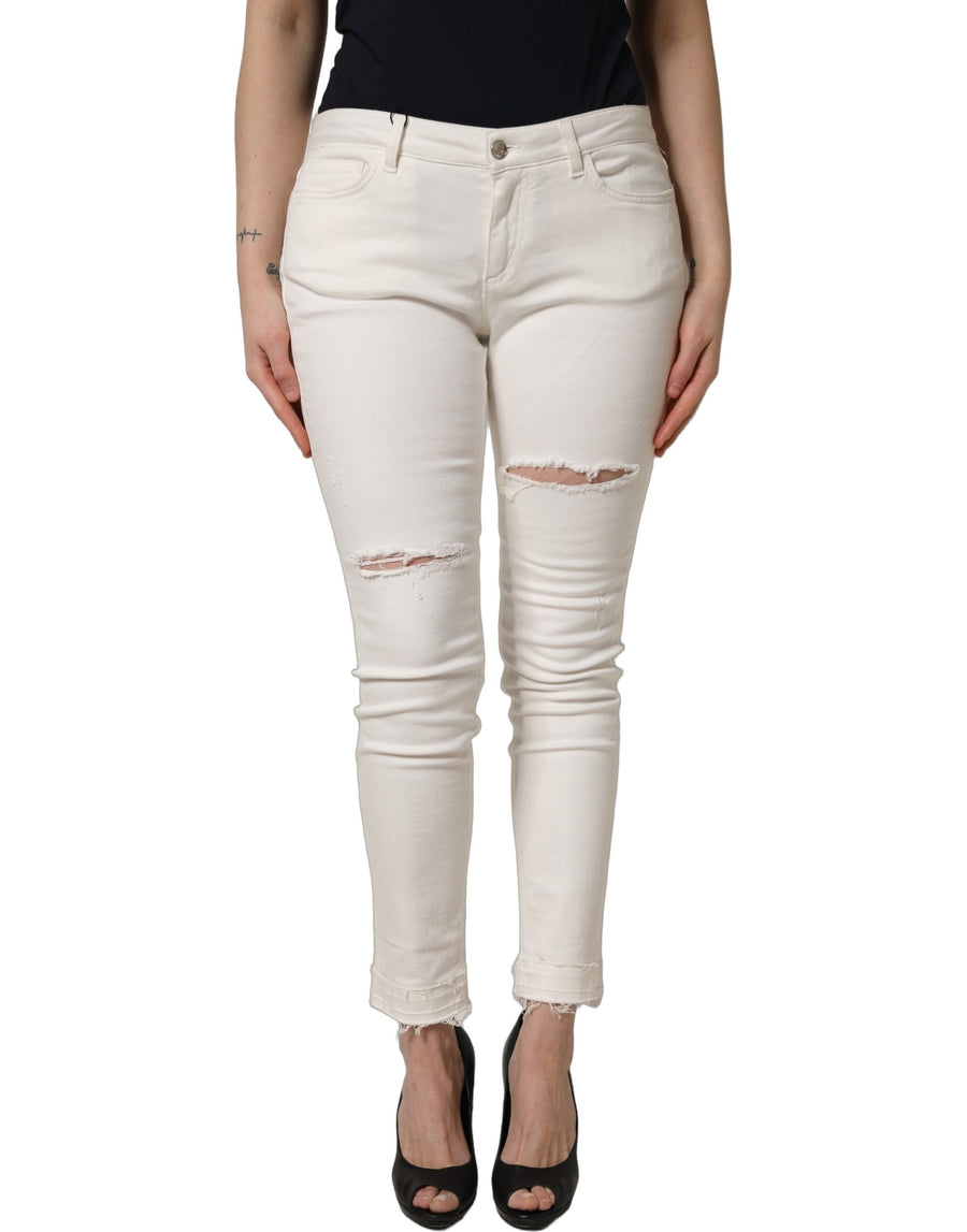 White Tattered Skinny Cotton Denim Jeans
