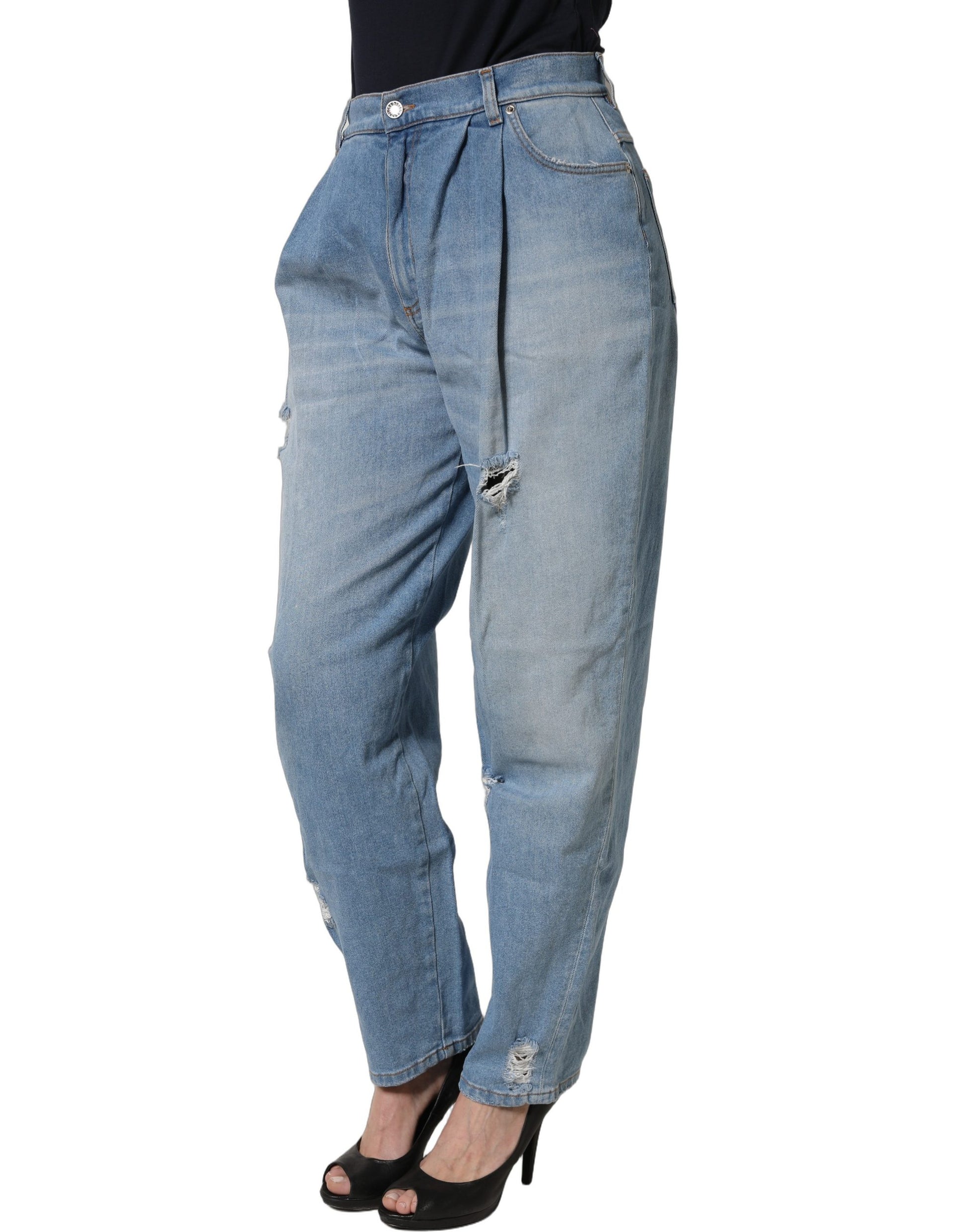 Blue Distressed Pleated Cotton Denim Jeans