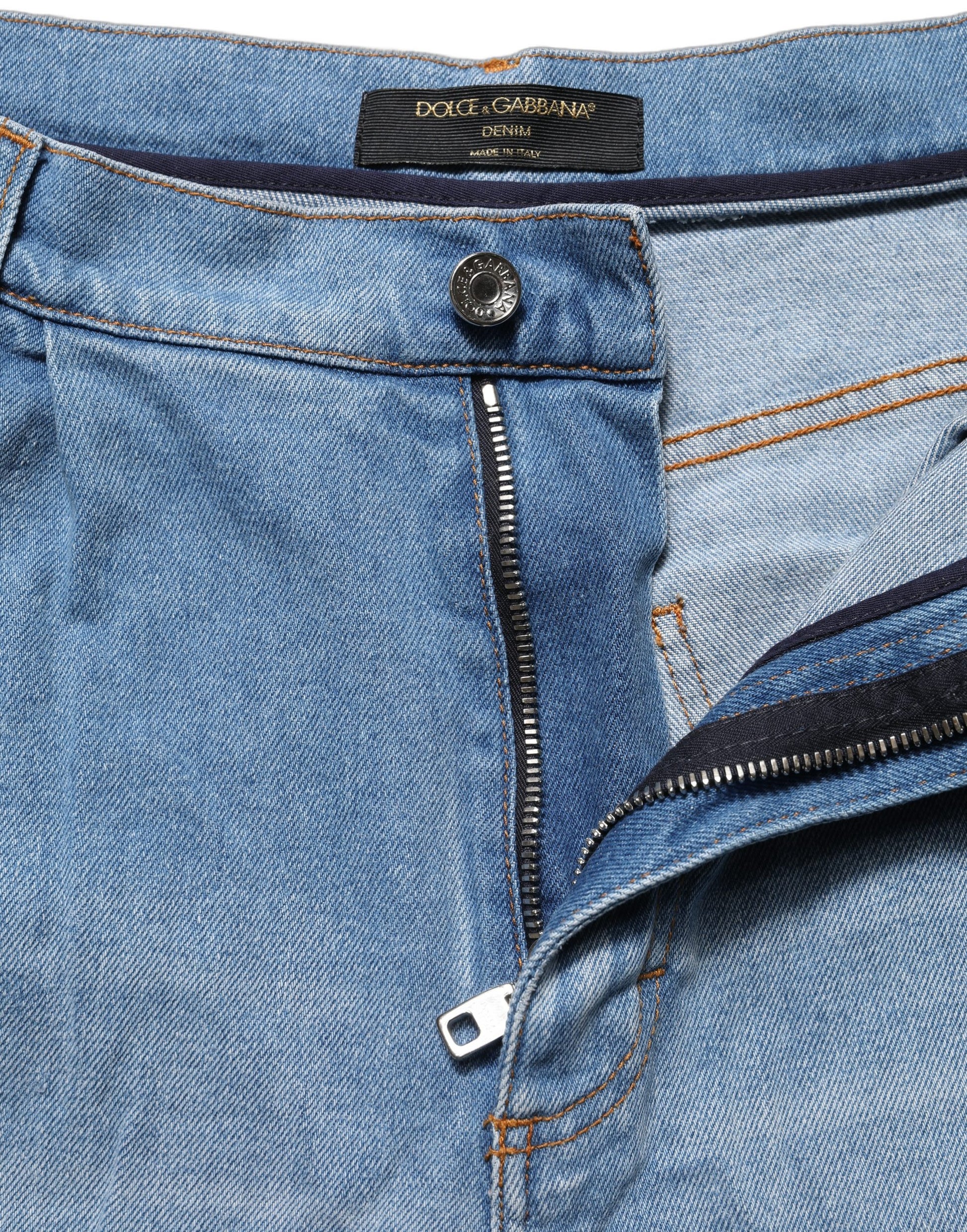 Blue Distressed Pleated Cotton Denim Jeans