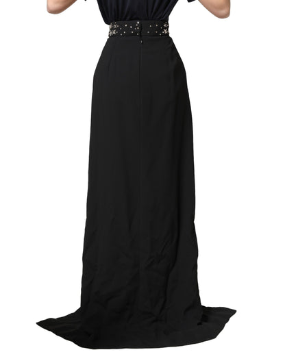 Black Crystal Embellished High Slit Skirt