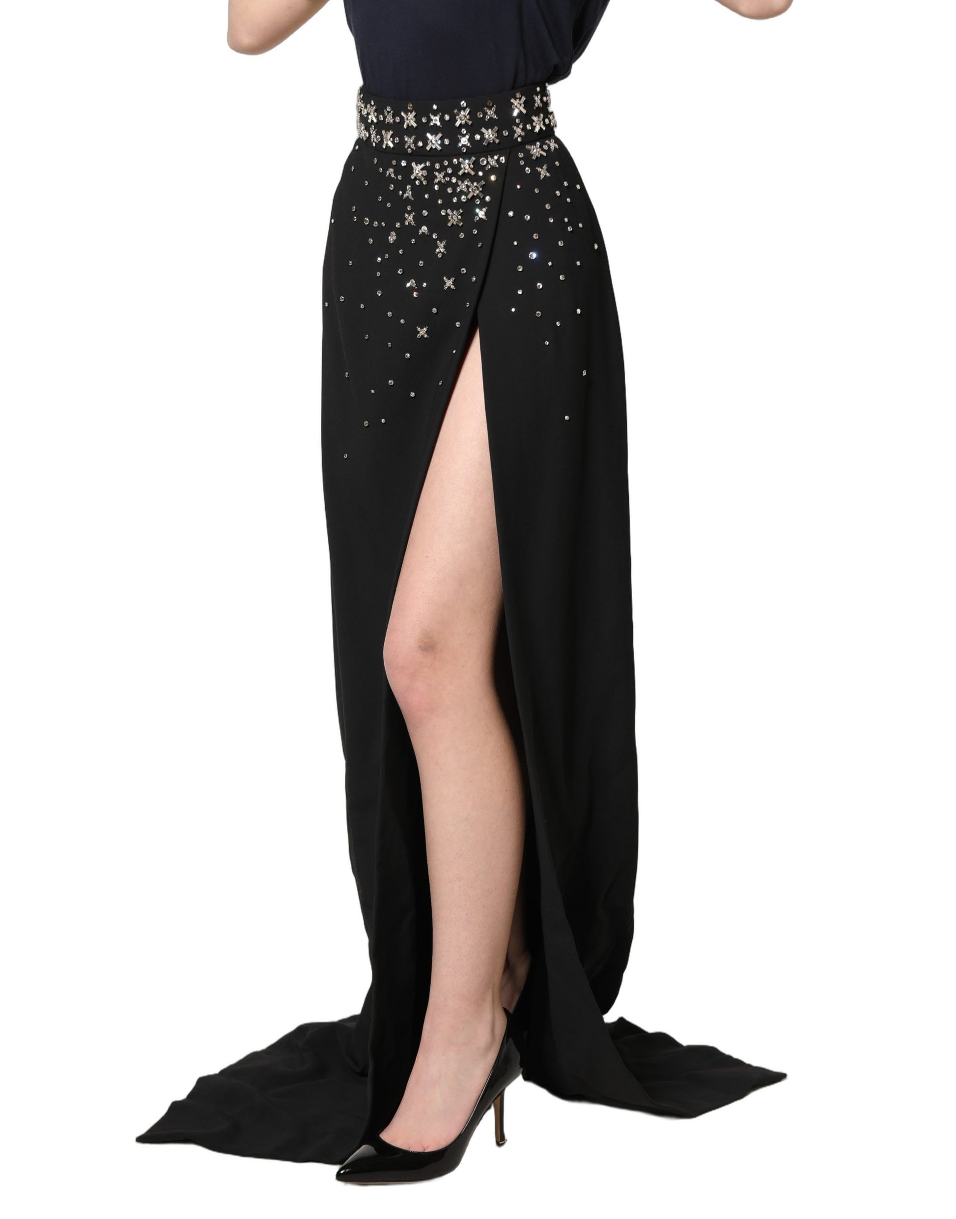 Black Crystal Embellished High Slit Skirt