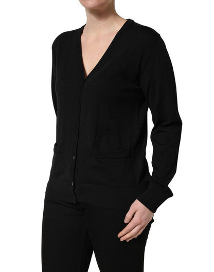 Black Wool Knit Button Cardigan Sweater