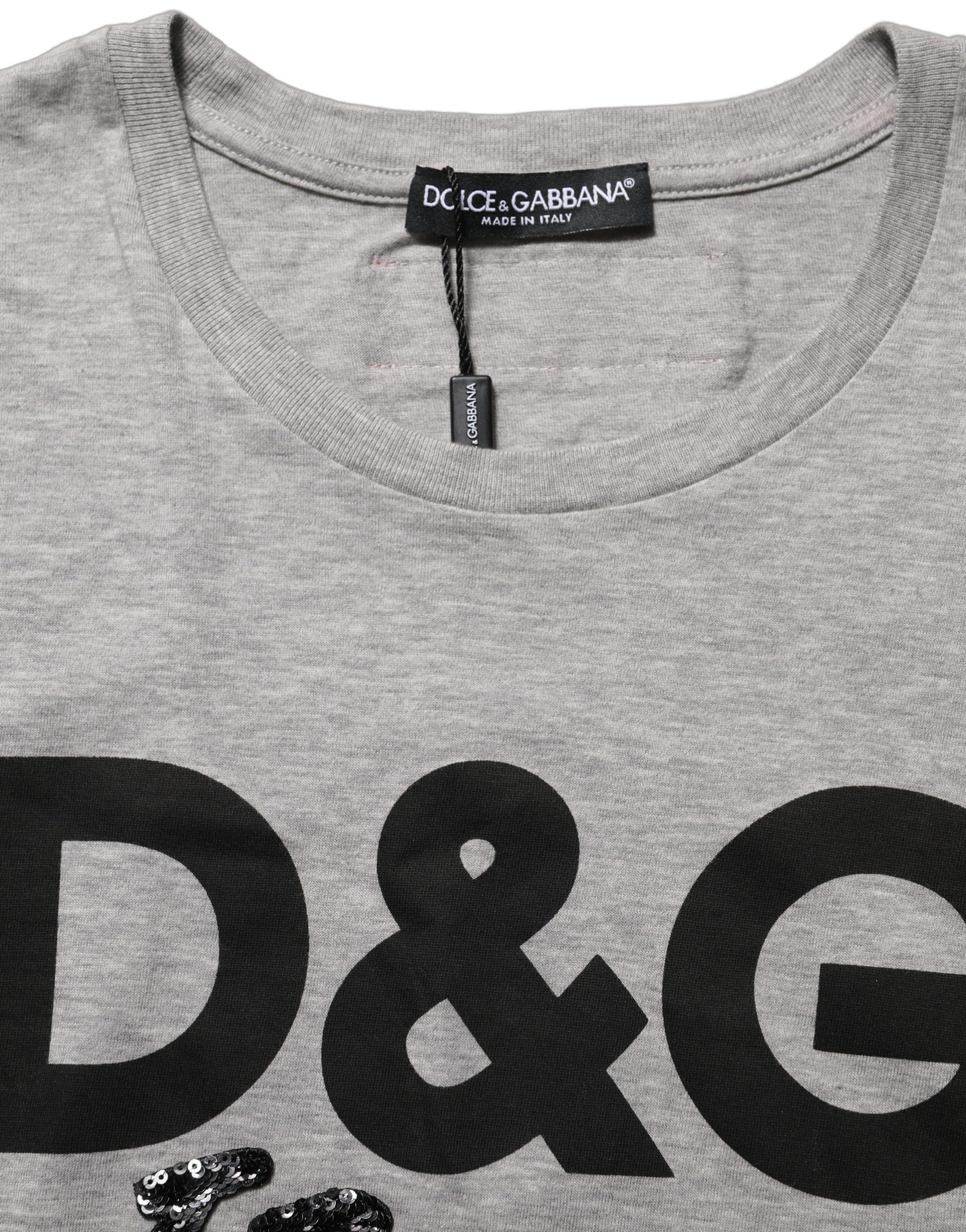 Gray Cotton Logo Printed Crew Neck T-shirt