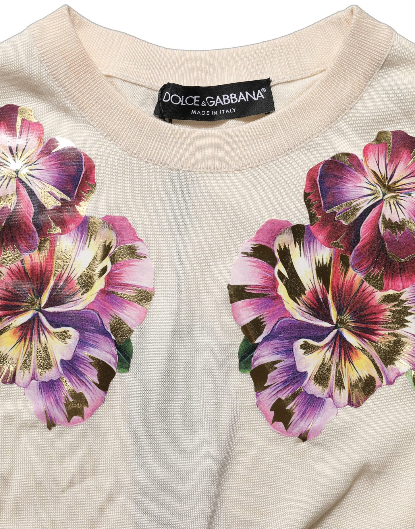 Beige Floral Print Silk CrewNeck Pullover Top