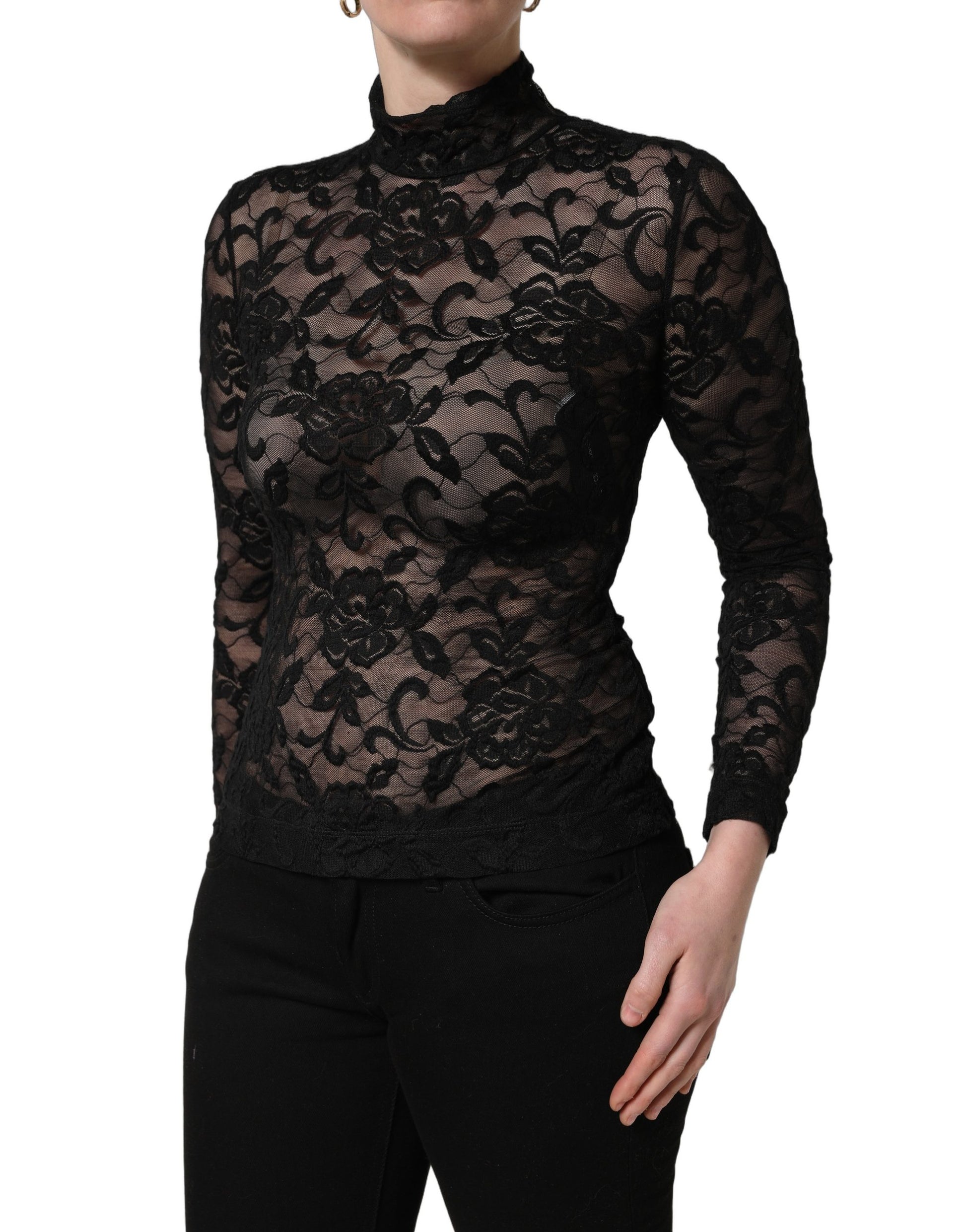 Black Floral Lace Turtle Neck Long Sleeve Top