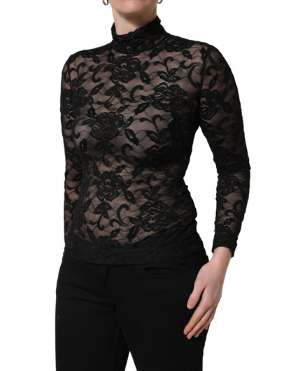 Black Floral Lace Turtle Neck Long Sleeve Top