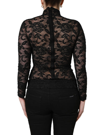 Black Floral Lace Turtle Neck Long Sleeve Top