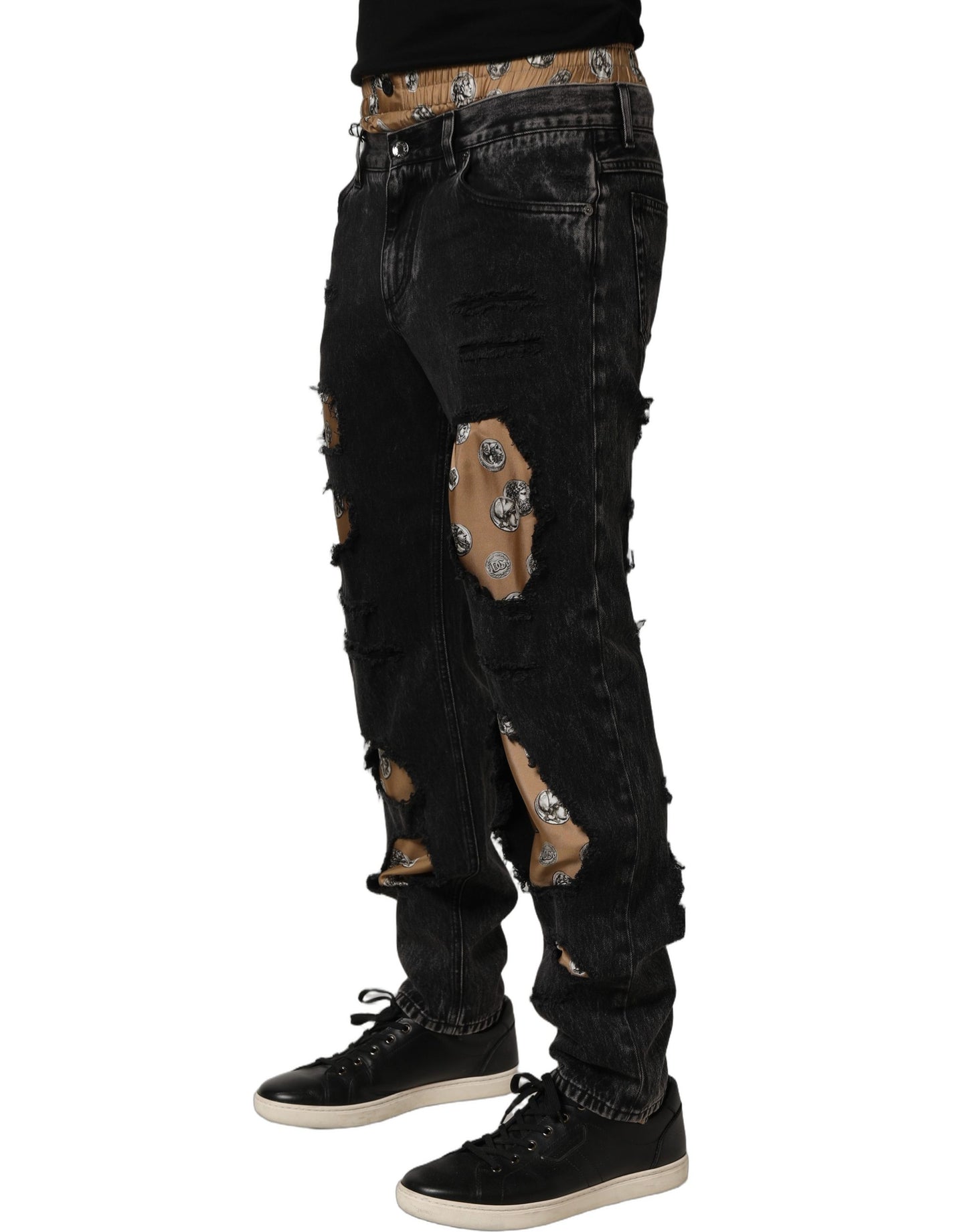 Black Distressed Cotton Straight Denim Jeans