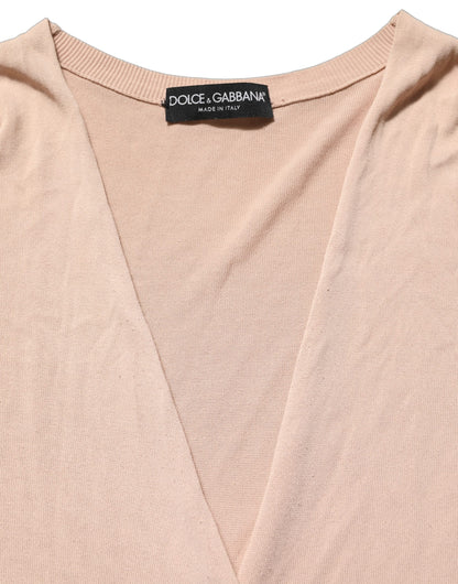 Beige Ribbed V-neck Front Tie Cardigan Sweater