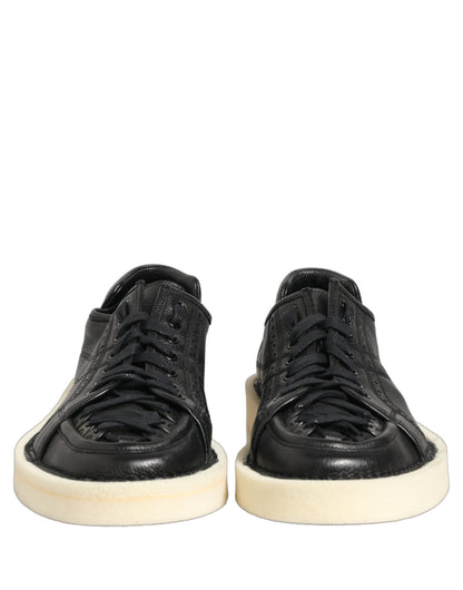 Black Leather Lace Up Low Top Sneakers Shoes