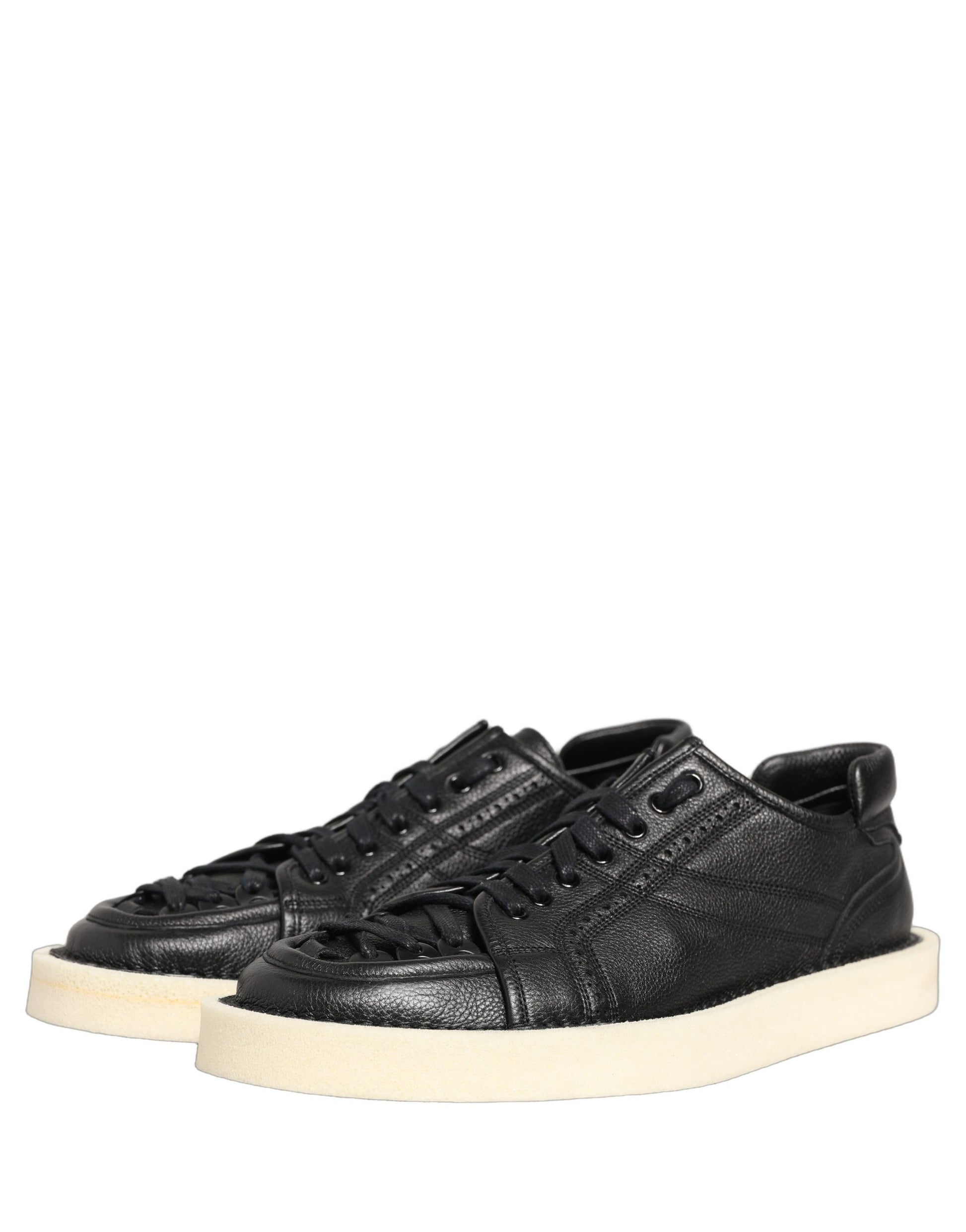 Black Leather Lace Up Low Top Sneakers Shoes