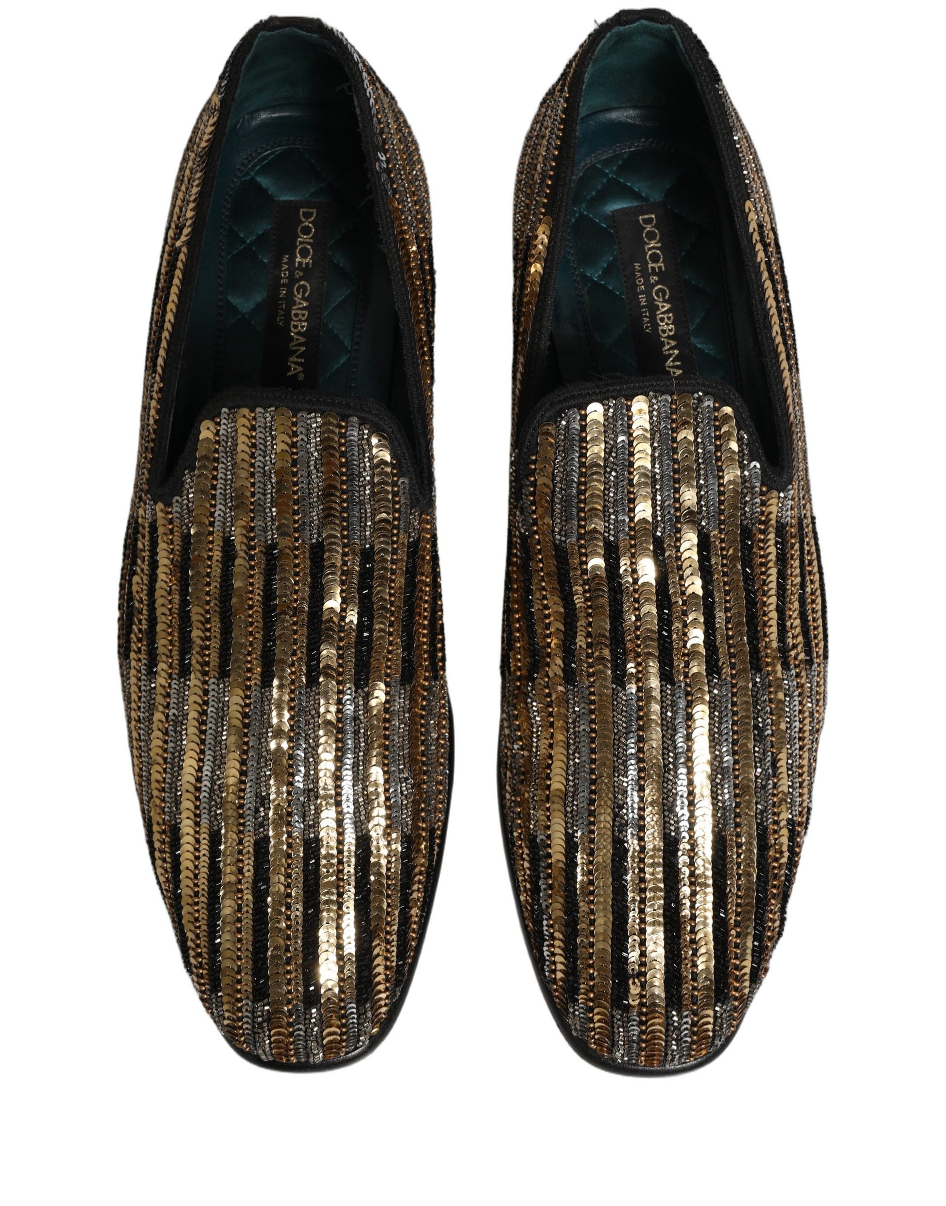 Gold Striped Sequin Embellished Loafer Shoes