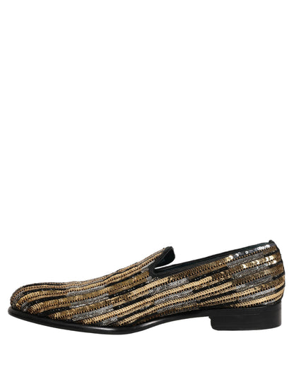 Gold Striped Sequin Embellished Loafer Shoes