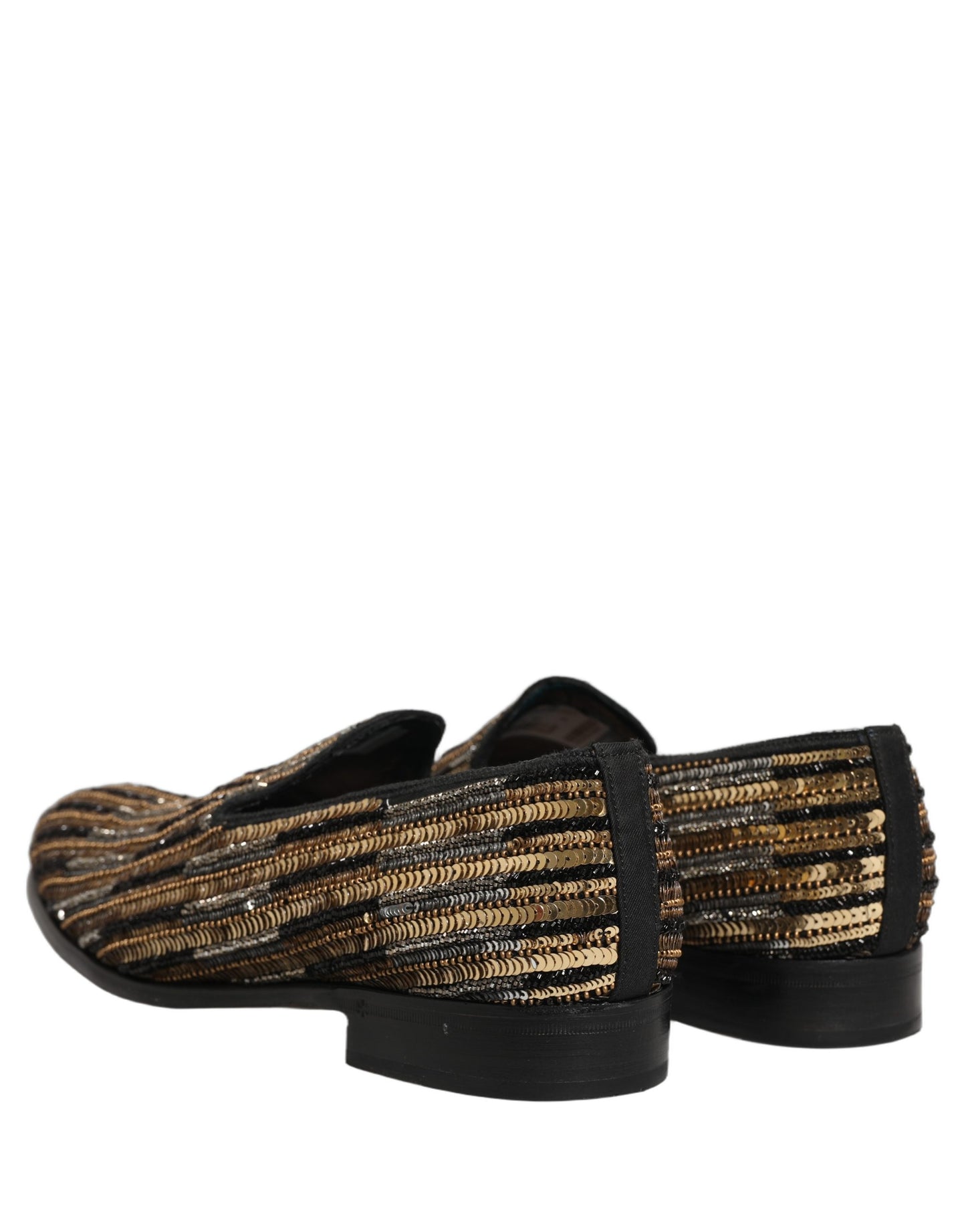 Gold Striped Sequin Embellished Loafer Shoes
