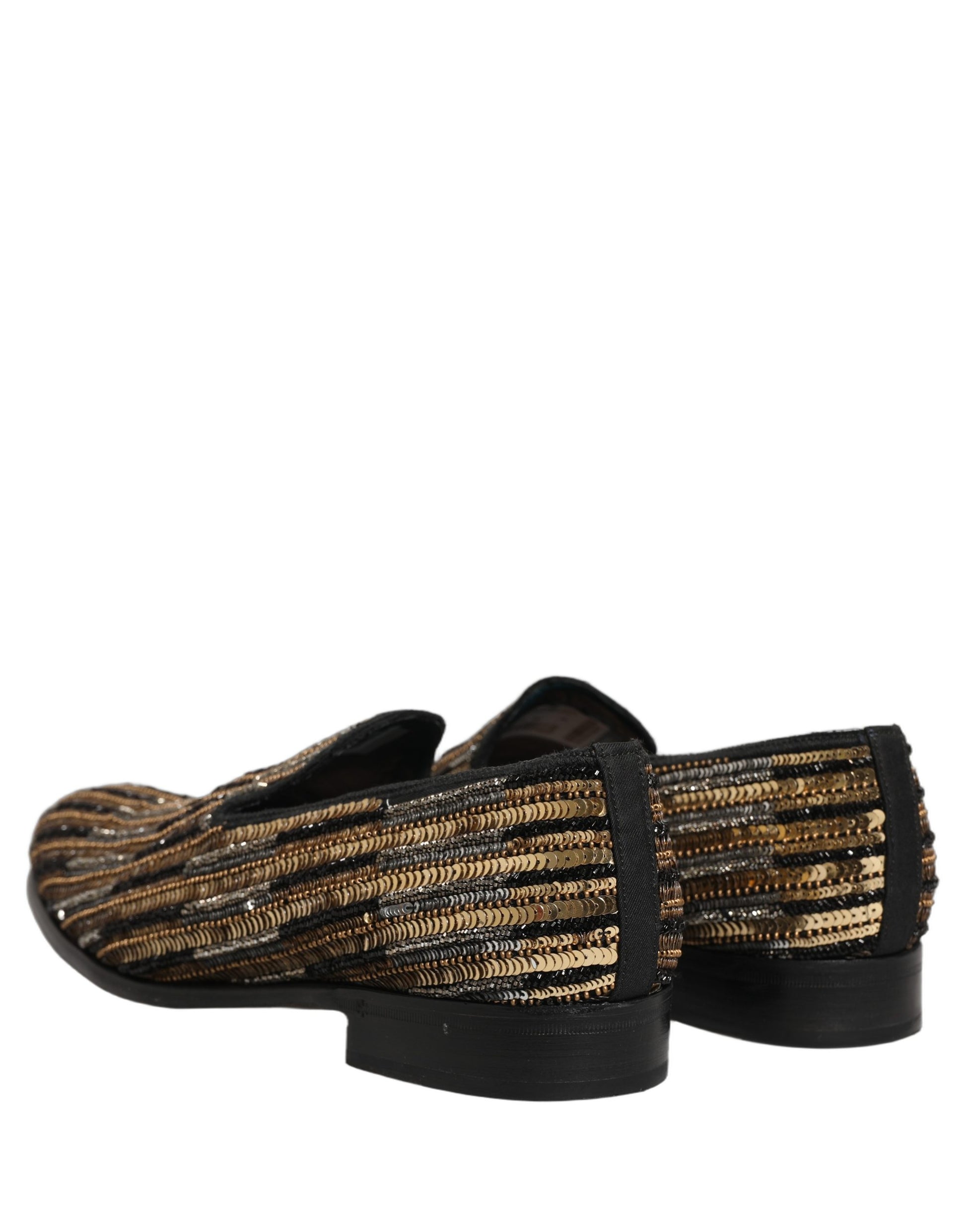 Gold Striped Sequin Embellished Loafer Shoes