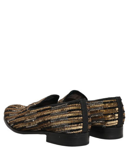 Gold Striped Sequin Embellished Loafer Shoes