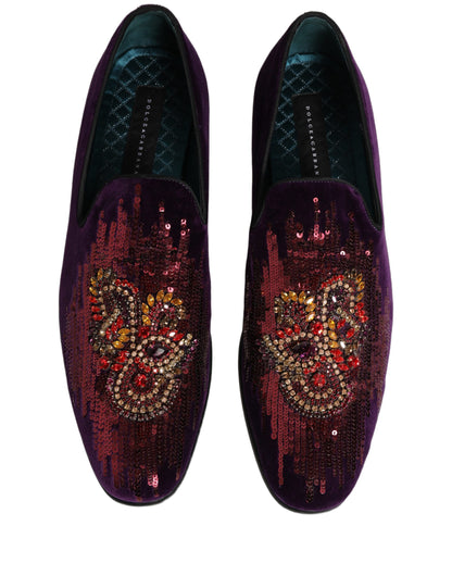 Violet Velvet Rhinestone Sequin Loafers Shoes