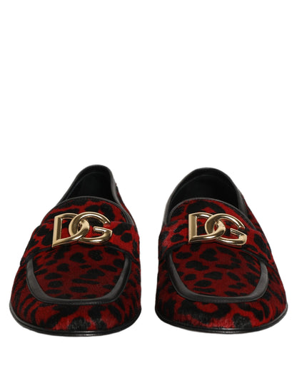 Red Leopard Print Pony Hair Dress Loafers Shoes